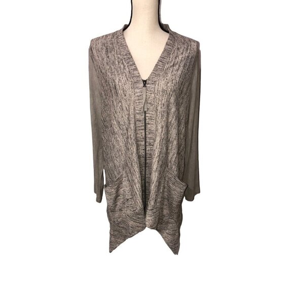 Logo Lori Goldstein Size M Zip Front Cardigan Tunic Shacket Mixed Media Beige - Picture 2 of 11